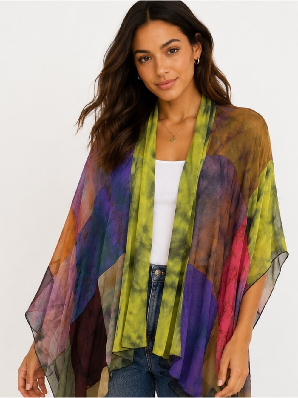 Sterling Styles Sheer Patchwork Kimono Cardigan Boho Festival Cover Up